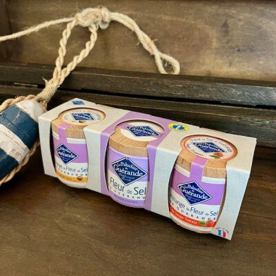 Le-Paludier-3er Set Fleur-de-Sel mit Holzdeckel-Guérande-Curry-Natur-Salbei und Tomate