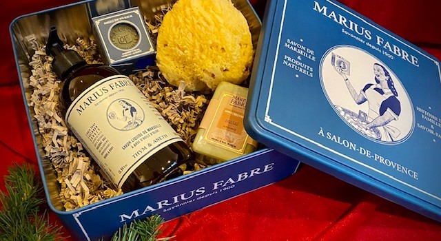 M. Fabre-Seifenbox aus Metall mit festen und flüssigen Olivenölseifen - ohne Palmöl.Weihnachten2020.2